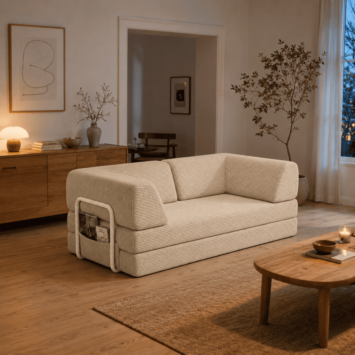 Canapé-lit convertible velours côtelé crème 2 places Luvio Home
