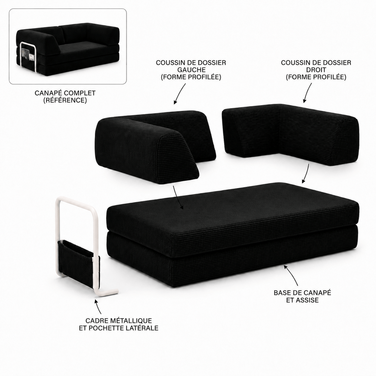 Canapé-lit convertible velours côtelé noir 2 places Luvio Home
