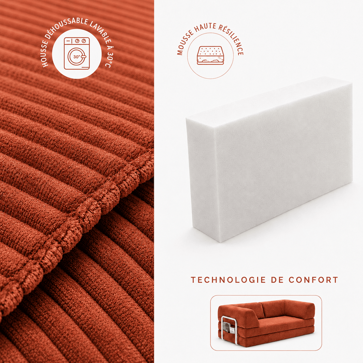 Canapé-lit convertible velours côtelé terracotta 2 places Luvio Home