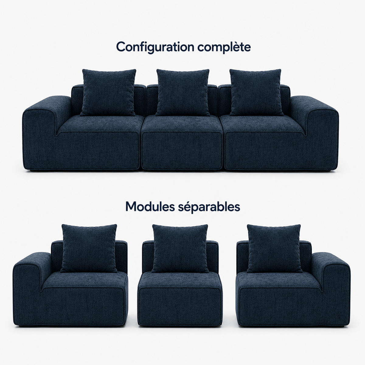 Canapé modulaire velours chenille bleu marine 3 places Luvio Home