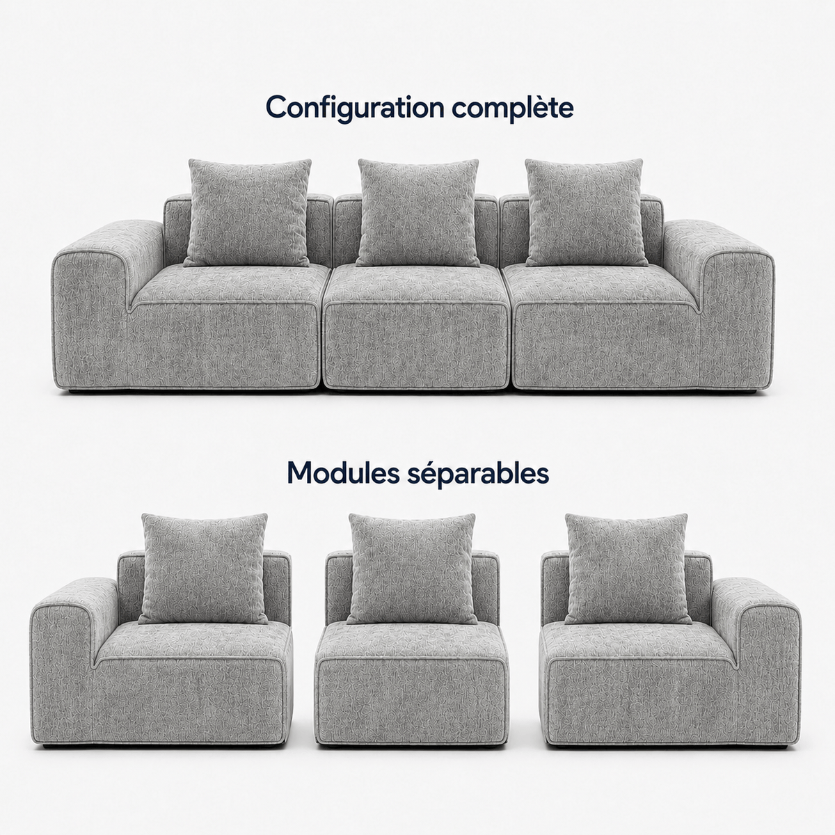 Canapé modulaire velours chenille gris clair 3 places Luvio Home