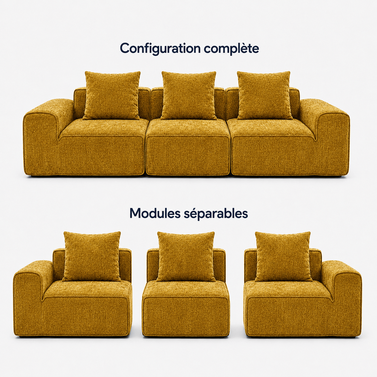 Canapé modulaire velours chenille jaune 3 places Luvio Home