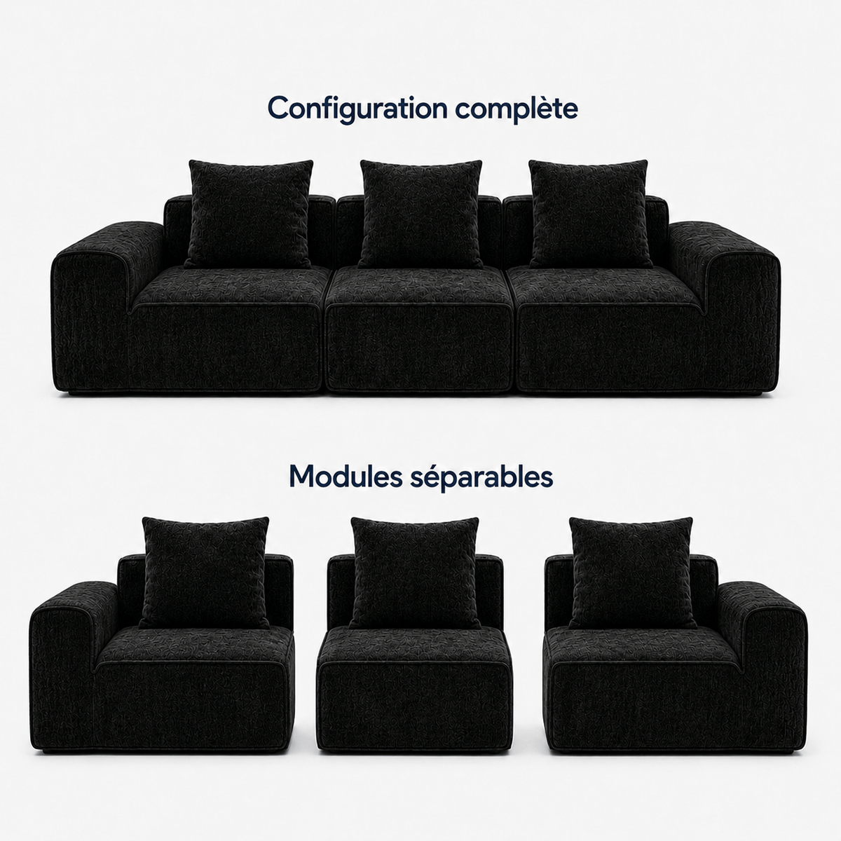 Canapé modulaire velours chenille noir 3 places Luvio Home