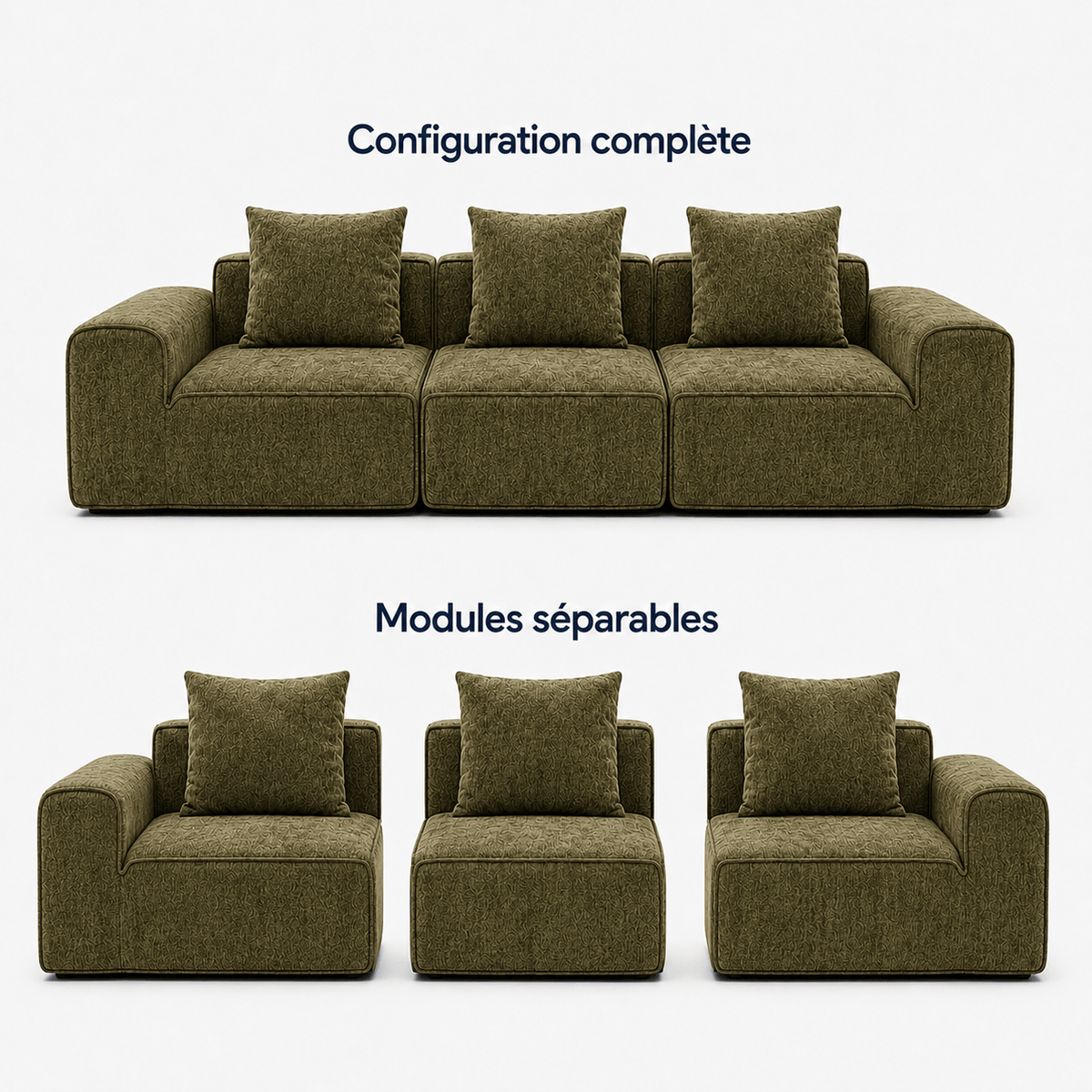 Canapé modulaire velours chenille vert kaki 3 places Luvio Home